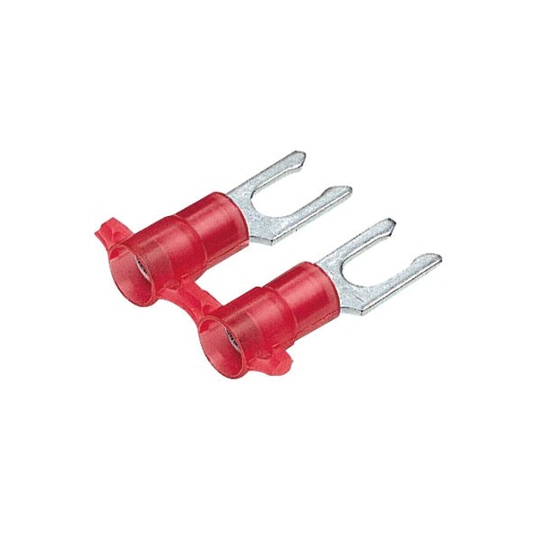 Fork Terminal, #6 Stud Size, 18 AWG, 600 V, Nylon Insulated, Red, Crimp Termination Only, 3000 PK